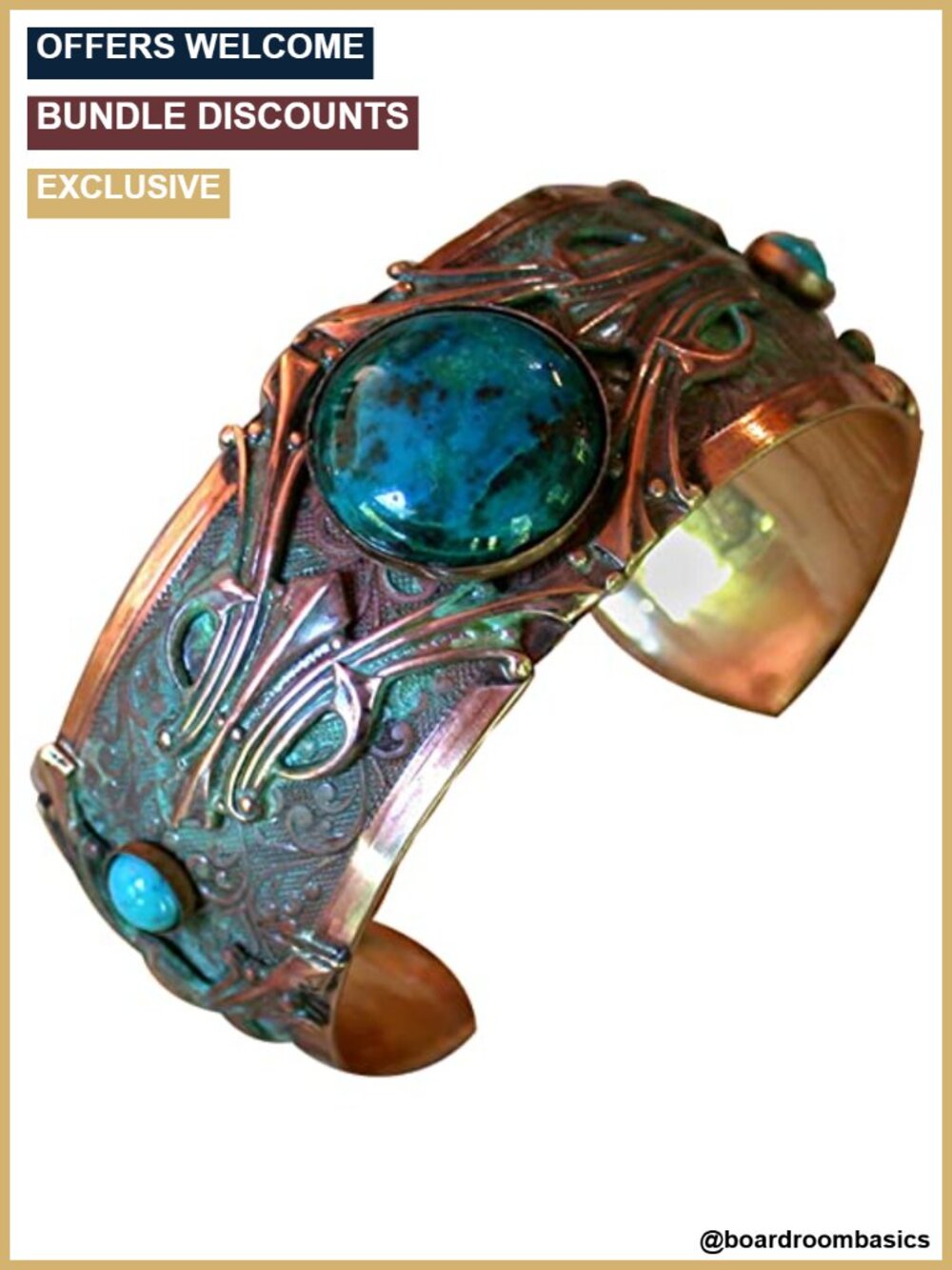 Handcrafted Brass Patina Cuff Bracelet Art Deco Chrysocolla Stone